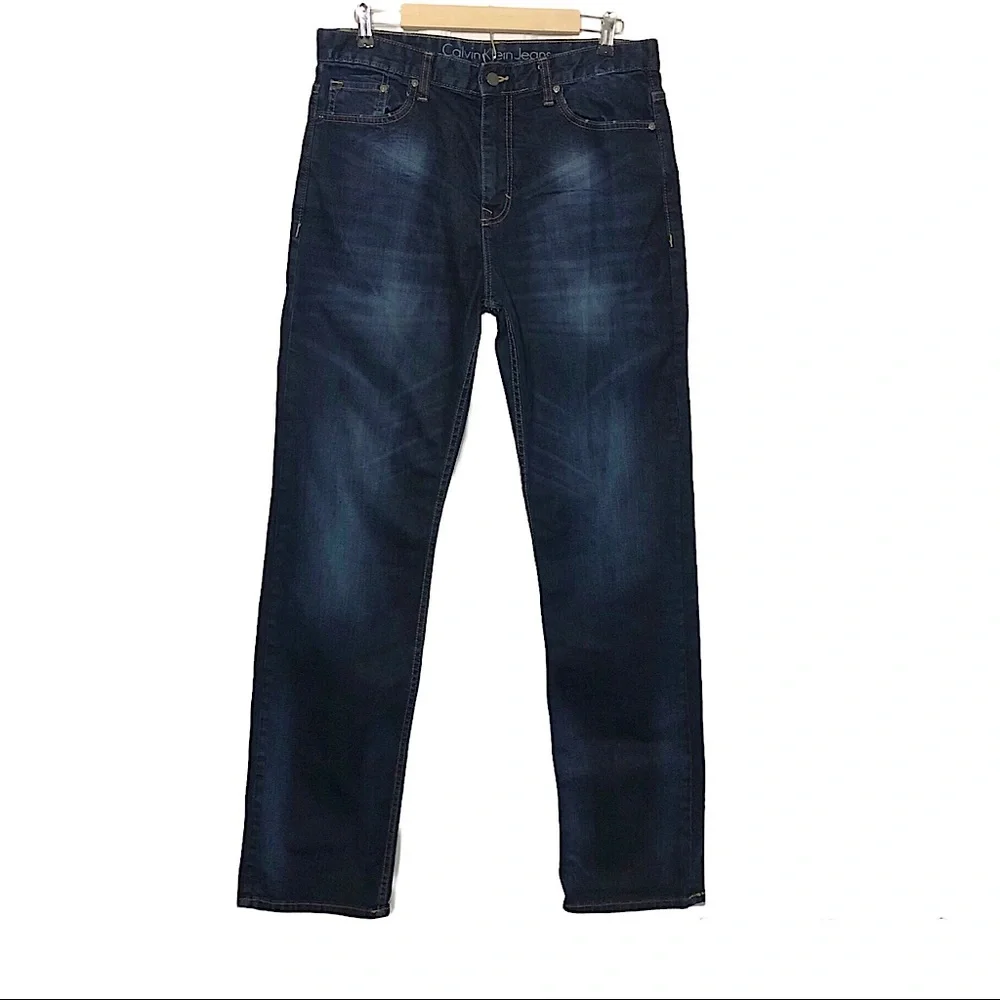 Calvin Klein Cotton Blend Dark Blue Wash Relaxed Straight Jeans 33 x 34